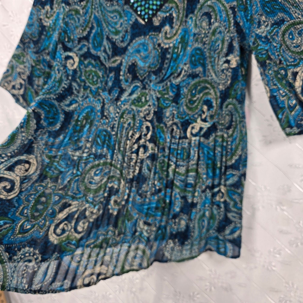 Catherines Womens 0X 14/16W Paisley Plisse Beaded V-Neck Bell Sleeve Tunic Top - Picture 6 of 11
